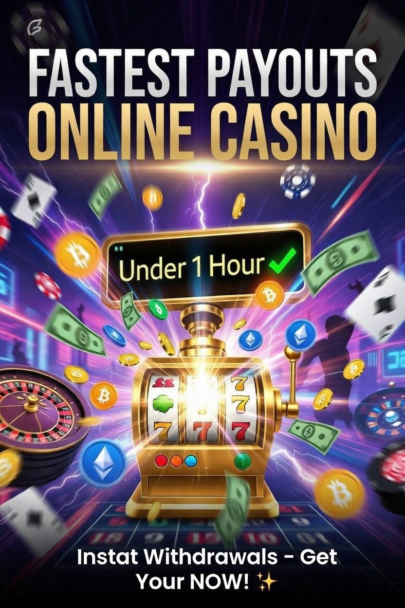 Vibrant promotional graphic for fastest payout online casinos featuring exploding slot machine with flying coins, crypto symbols, lighting speed effect, and text "Fastest Payouts - Instant withdrawals.