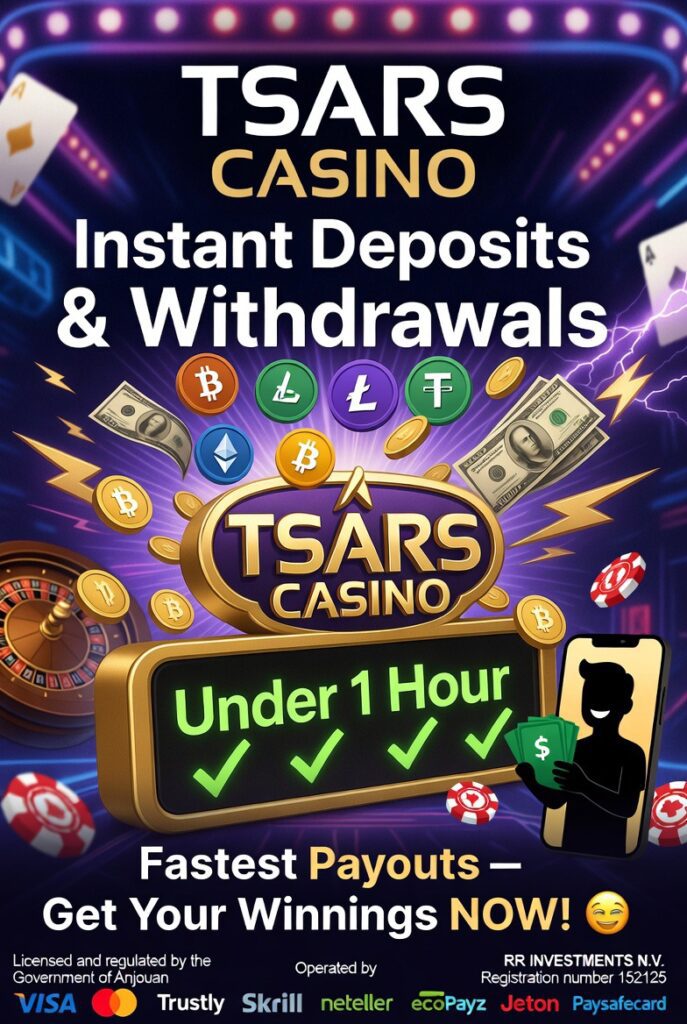 Promotional graphic for Top rated Tsars Casino Review Canada, featuring a luxurious purple and gold theme with exploding slot machine, flying coins, Bitcoin/Ethereum/Litecoin symbols, lightning speed effects, and “Under 1 Hour” payout badge. Text highlights instant deposits and withdrawals, ., welcome bonus up to €2,000 + 200 free spins, 7500+ games, daily cashback, and supported currencies/payments like Visa, Trustly, Skrill, crypto. Vibrant casino lights, roulette, and happy winner silhouette.