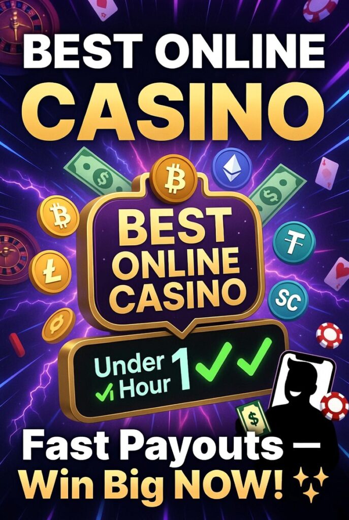 Vibrant promotional graphic showcasing the best online casino with a luxurious purple and gold theme, exploding slot machine jackpot, flying gold coins, cash bills, and cryptocurrency symbols (Bitcoin, Ethereum, Litecoin, Tether). Features bold lightning effects for speed, neon casino lights, roulette wheel, playing cards in the background, large text “BEST ONLINE CASINO” at the top, and “FASTEST PAYOUTS Under 1 Hour” badge with green checkmarks. cashing out on mobile. Modern, exciting, high-contrast design highlighting instant payouts.