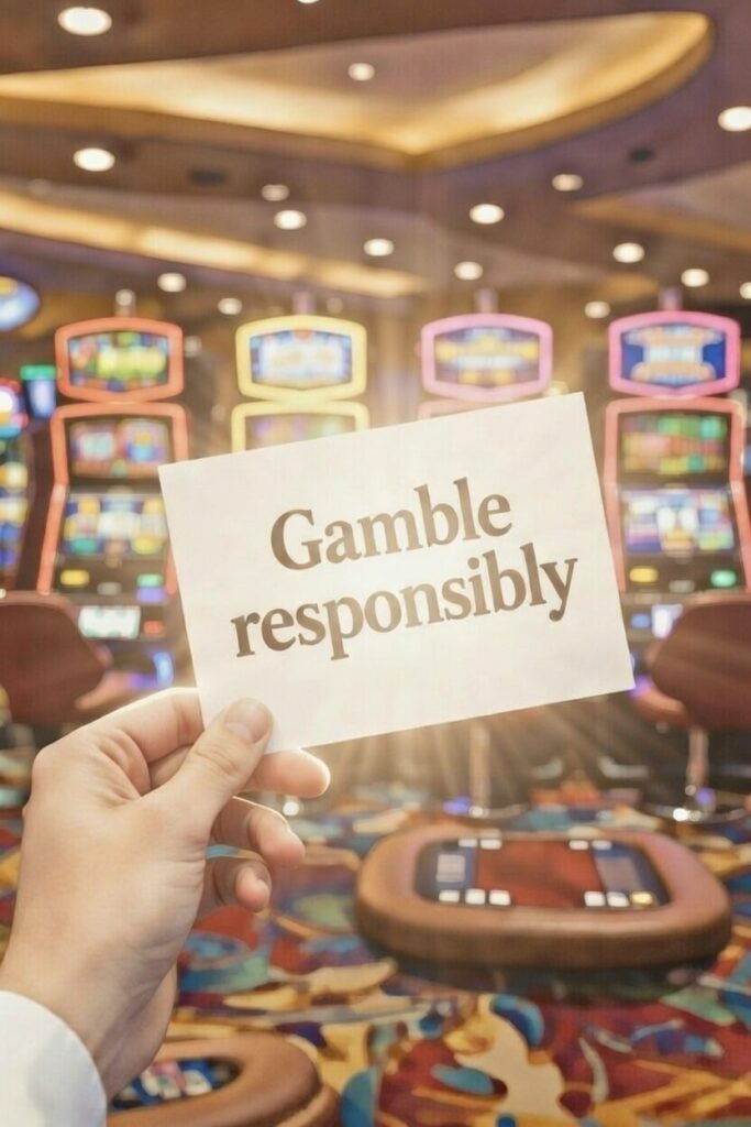 A hand holds a smartphone displaying a colorful online roulette gambling interface in a brightly lit casino filled with slot machines. In the foreground, another hand holds a sign reading “Gamble responsibly” with warm, hopeful golden lighting creating an encouraging atmosphere.