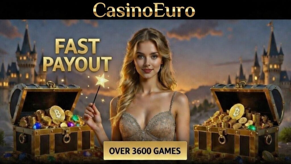 CasinoEuro fast payout casino banner with treasure chests, crypto coins and over 3600 games promotion